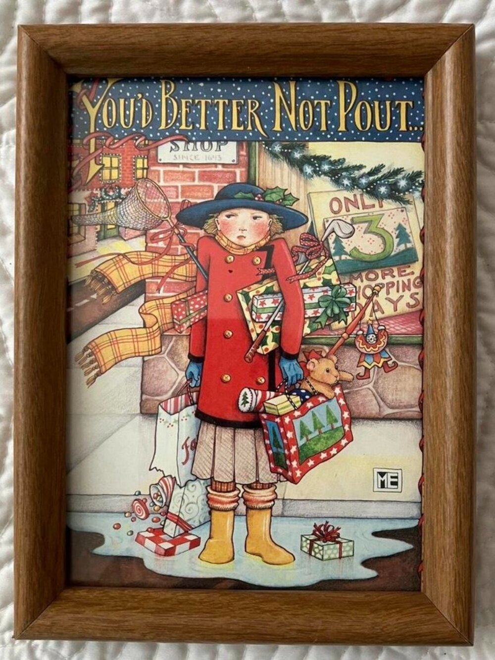 Framed Christmas Art Print "You'd Better Not Pout" 5.75x7.75 Glass Front